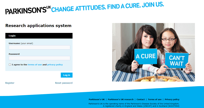 Parkinson's UK welcome screen of web application built by OWA