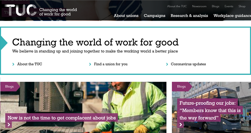 Trades Union Congress – Website home screen built by OWA in Drupal