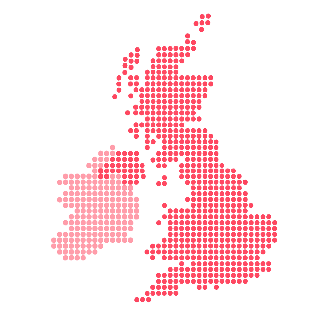 Map of UK and island of Ireland shown in fine red dots