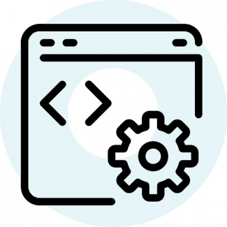 Graphic showing code and cog to depict legacy system support